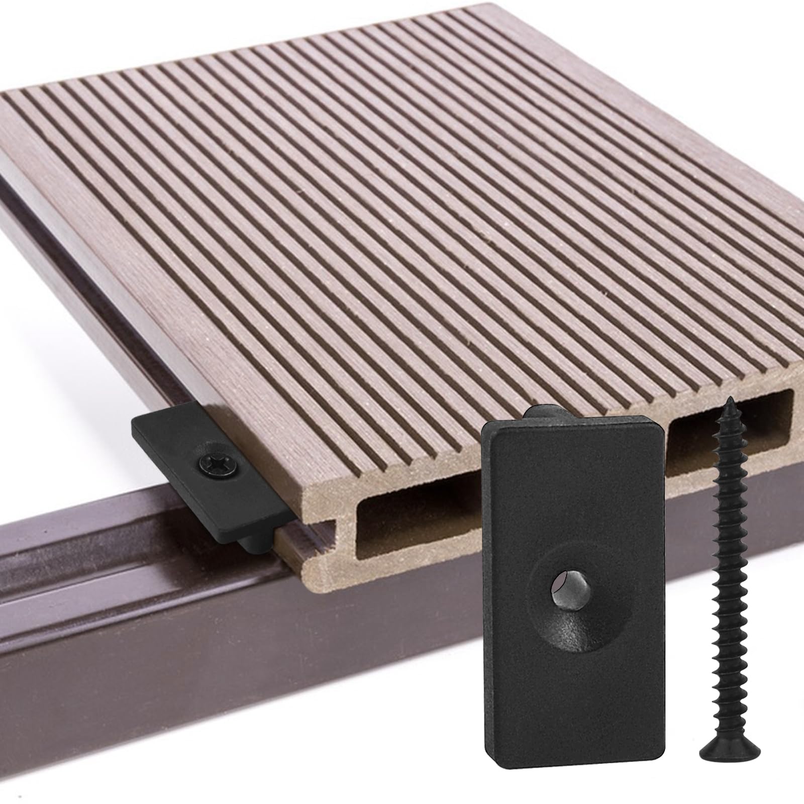 JINTANG 200 pcs Composite Decking T- Clips, 6mm WPC T Clips, Decking Clip Plastic Fixings, Hidden Deck Fasteners Board Clip with Composite Deck Screws Black(Size: 34x18x10mm, Base Width: 5mm)