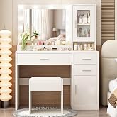 ENDYOE Makeup Vanity Desk Set with LED Lights Mirror Chair | Vanity Table with 7 Storage Shelves and 3 Drawers,3 Lighting Modes Adjustable Brightness Dressing Table for Bedroom,White
