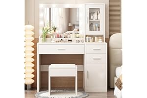 ENDYOE Makeup Vanity Desk Set with LED Lights Mirror Chair, Vanity Table with 7 Storage Shelves and 3 Drawers,3 Lighting Modes Adjustable Brightness Dressing Table for Bedroom,White