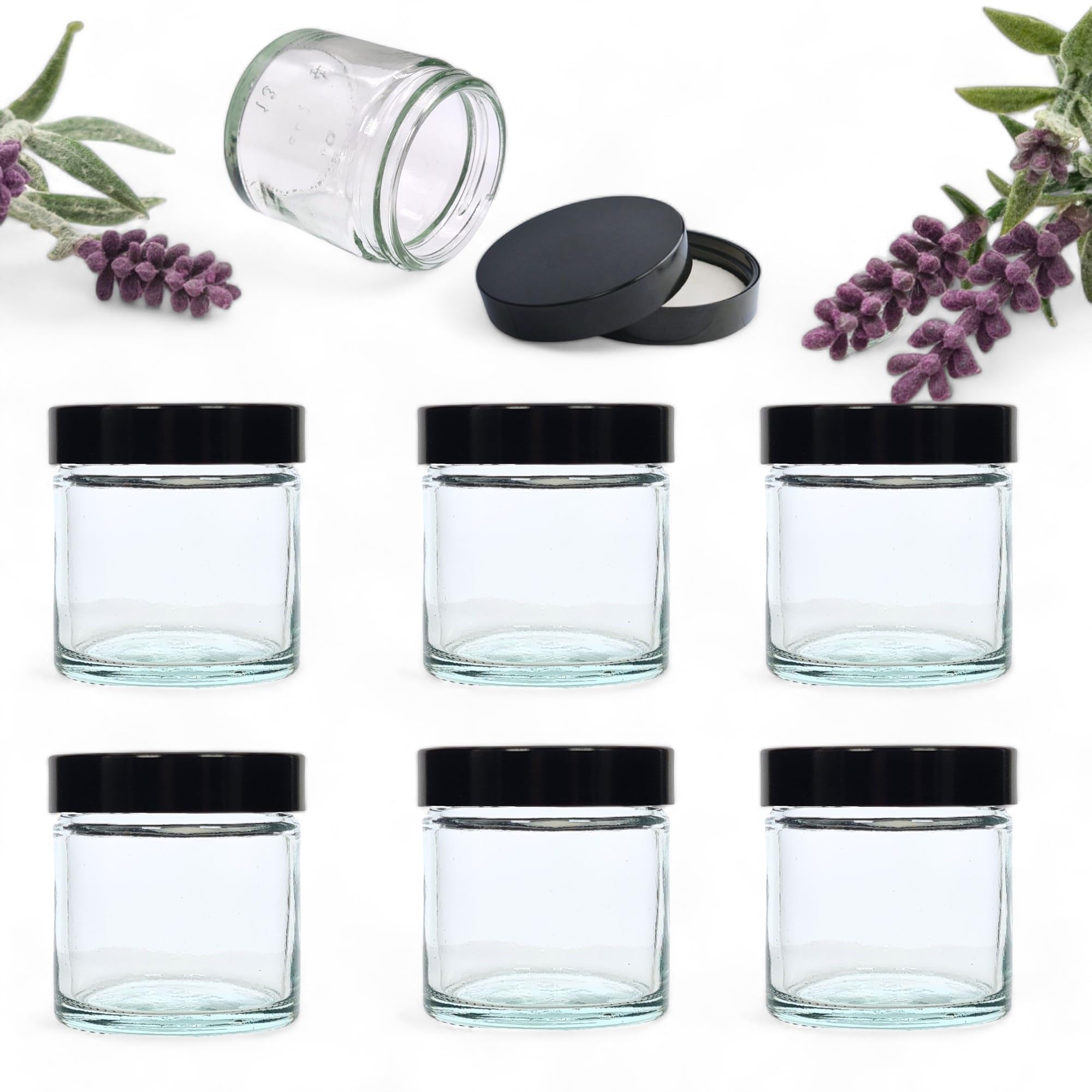 Avalon 60ml CLEAR Glass Jar with BLACK UREA Airtight Lids ~ Pack of 6 ~ Refillable, Reusable ~ Perfect for Moisturisers, Grooming Products, Face and Body Balms, Candles and More