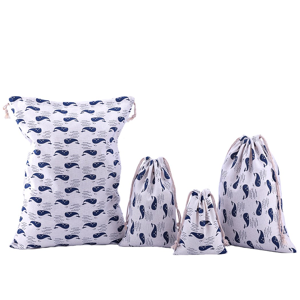 Amoyie 4 pcs Drawstring Storage Bag Set for Baby Stuff, Travel Home Accessories - Whale
