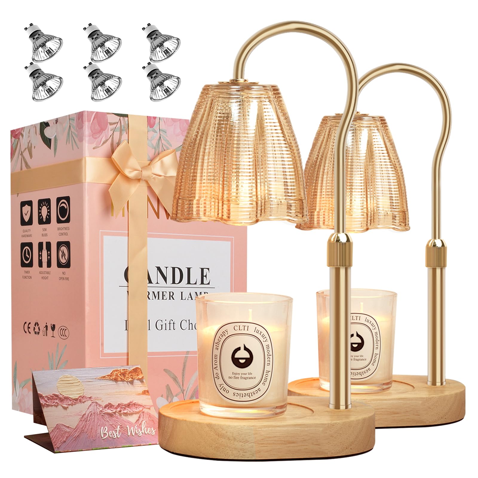 Honvinor Candle Warmer Lamp with Timer & Dimmer, Candle Warmer Height Adjustable, Fits All Jar Scented Candles, Candle Lamp with 3 Bulbs, Charming Gift Box with Ribbon for Gifting(2 Pack) Image