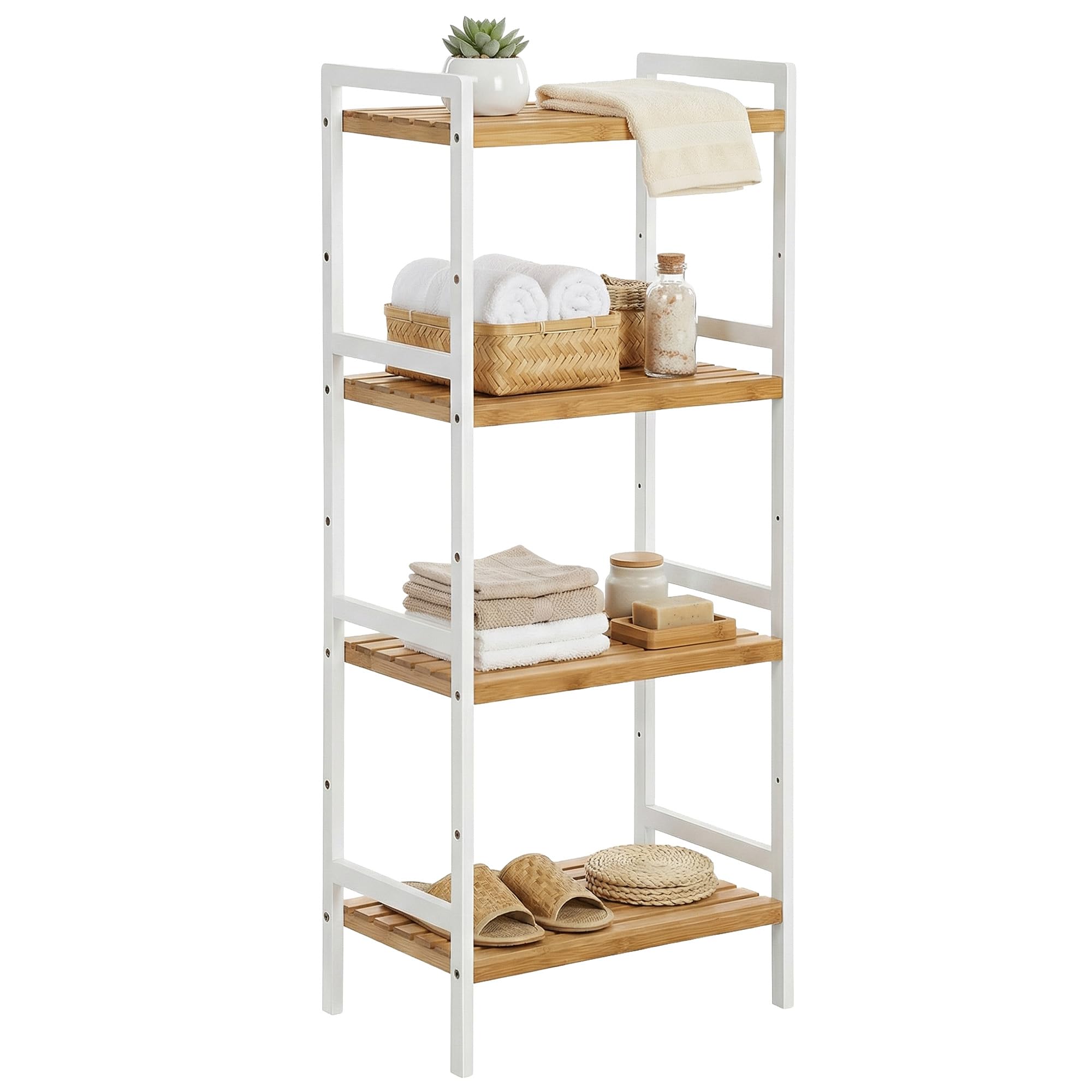 SONGMICS 4-Tier Bamboo Storage Rack for Bathroom, Kitchen, Bedroom, 45 x 31.5 x 111 cm, Natural and White BCB74WN