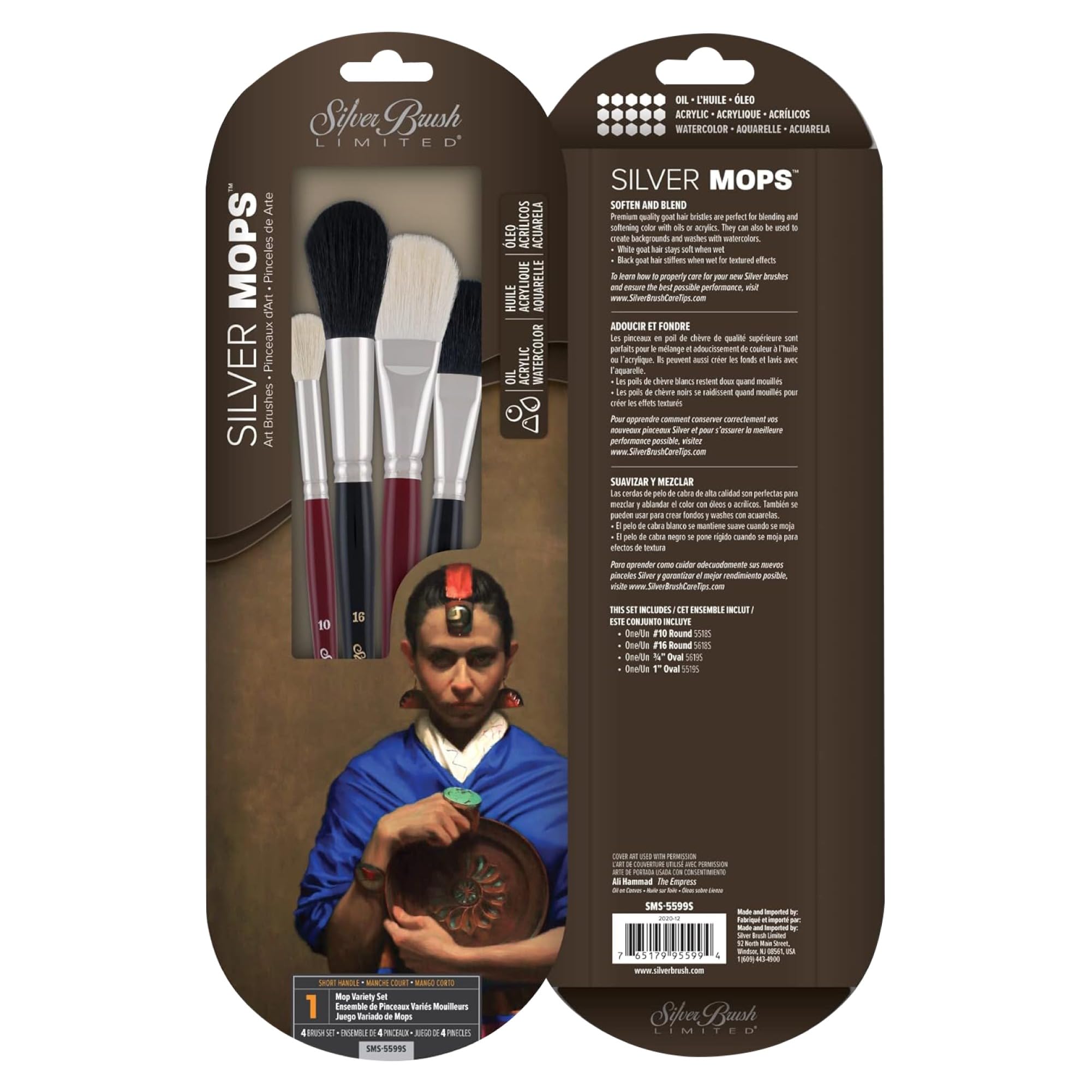 Silver Brush Limited SMS-5599S Silver Mops Mop Variety Set, 4pc Professional Paint Brush Set, Short Handle Round and Oval Mop Brushes, Soft Natural Bristle Watercolour, Acrylic, and Oil Paint Brushes