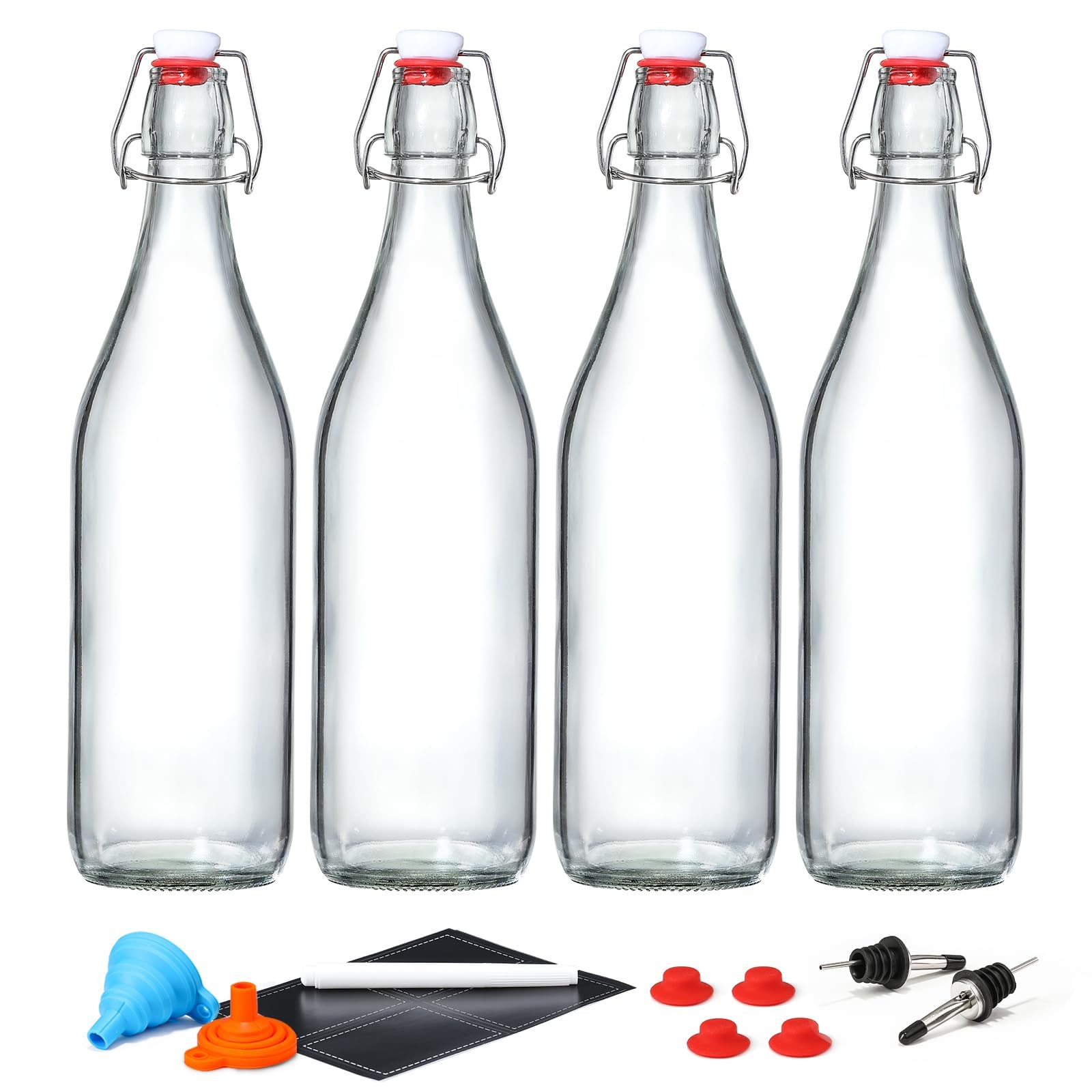 Photo 1 of 4 Pack [1 Liter / 33 fl. oz.] Swing Top Glass Bottles w/Airtight Stopper Lids – Flip Top Brewing Bottle for Fermentation, Kombucha, Mead, Vinegar, Beer, Kefir, Wine – With 4 Extra Seals & 2 Pourers
