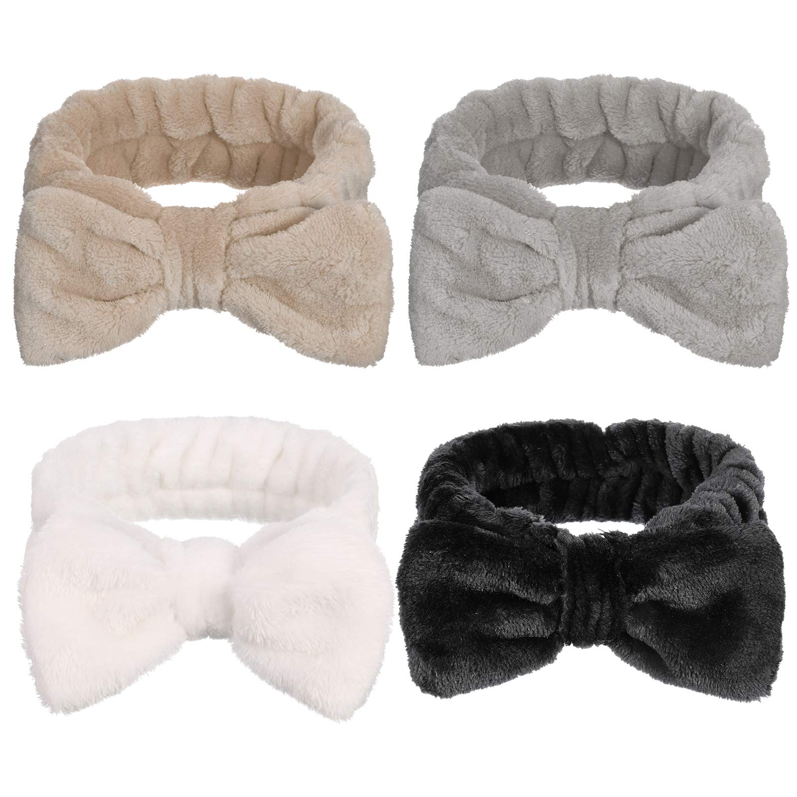 GOTH Perhk 4 Pack Spa Bowknot Hair Bands, Coral Fleece Makeup Headband Elastic Head Wrap for Washing Face Shower Yoga Sports Skincare(Black, White, Gray, Khaki)