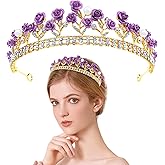 Aswewamt Purple Rose Tiaras Bridal Wedding Queen Crowns Gold Flower Baroque Princess Crown Pearls Crystal Gold Headbands Rose Flower Jewelry for Women Girls