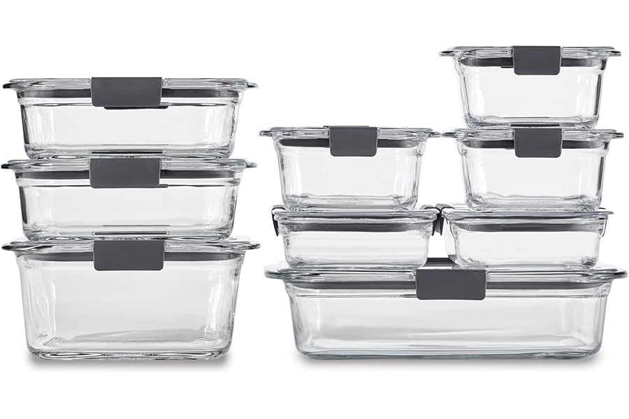 Rubbermaid Brilliance Glass Food Storage Containers, Assorted Sizes, Set of 9, BPA-Free, Leak-Proof, Clear Book