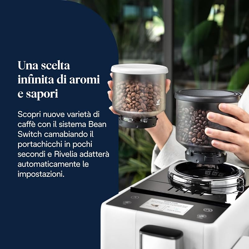 Rivelia Perfetto EXAM440.55.W Macchina da Caffè Automatica, Chicchi Macinati al Momento, Portachicchi Intercambiabile, Caraffa Montalatte Automatica, Display Touch a Colori, 1450W, Bianca