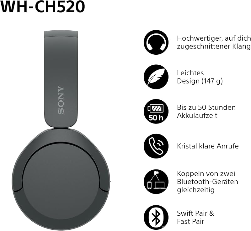 WH-CH520 Kabellose Bluetooth-Kopfhörer - bis zu 50 Stunden Akkulaufzeit mit Schnellladefunktion, On-Ear-Modell - Schwarz