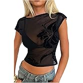 RoseSeek Women's Floral See Through Top Boat Neck Cap Sleeve T Shirts Crop Tops
