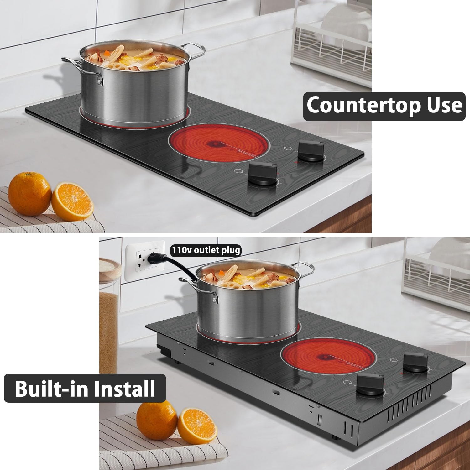 Karinear Electric Cooktop 2 Burners, 110v Portable Electri Stove Top with Knob, Glass Cooktop, Beautiful Woodgrain Pattern, Built-in and Countertop Electric Ceramic Cooktops, 12 Inch, 110v Outlet Plug