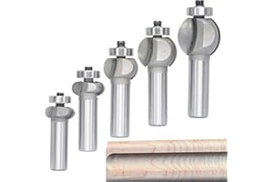 Akylin 5Pcs Edging Fluting Bits Set,1/2" Shank, Concave Sunk Bead Router Bits Radius R4mm,R5mm,R5mm,R11.3mm,and R13.6mm,Bearing Guided Decorative Edge Bits for Wood Profiling,Molding