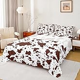 Erosebridal Cow Fur Print Bed Sheets Queen Size White Brown Cowhide Sheet Set 4Pcs for Kids Boys Room Decor Animal Skin Print Flat Sheet Farmhouse Cow Print Fitted Sheet with 2 Pillowcases