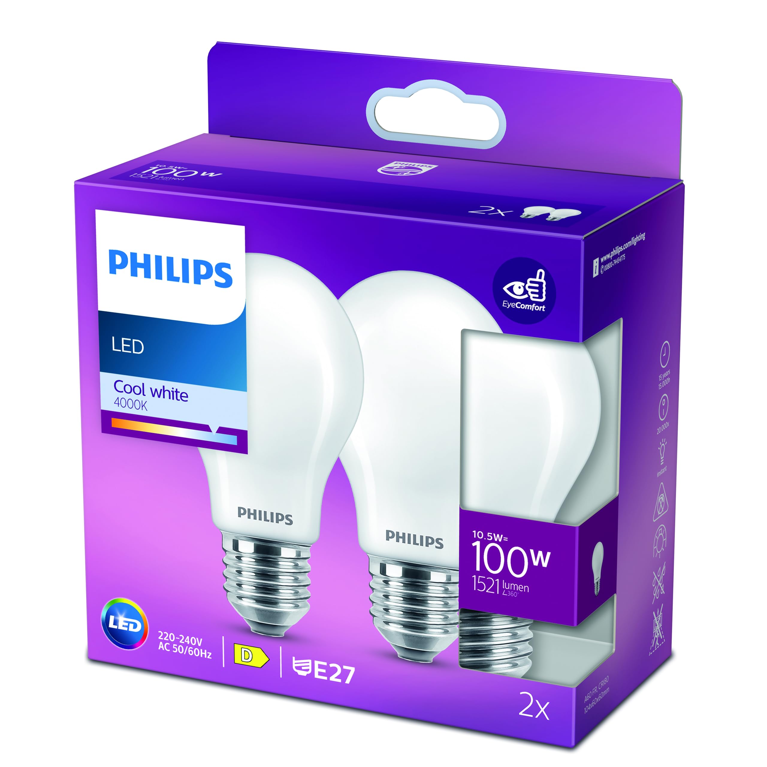 Philips LED Classic A60 Frosted Light Bulb 2 Pack [E27 Edison Screw] 10.5W - 100W Equivalent, Cool White 4000K, Non Dimmable