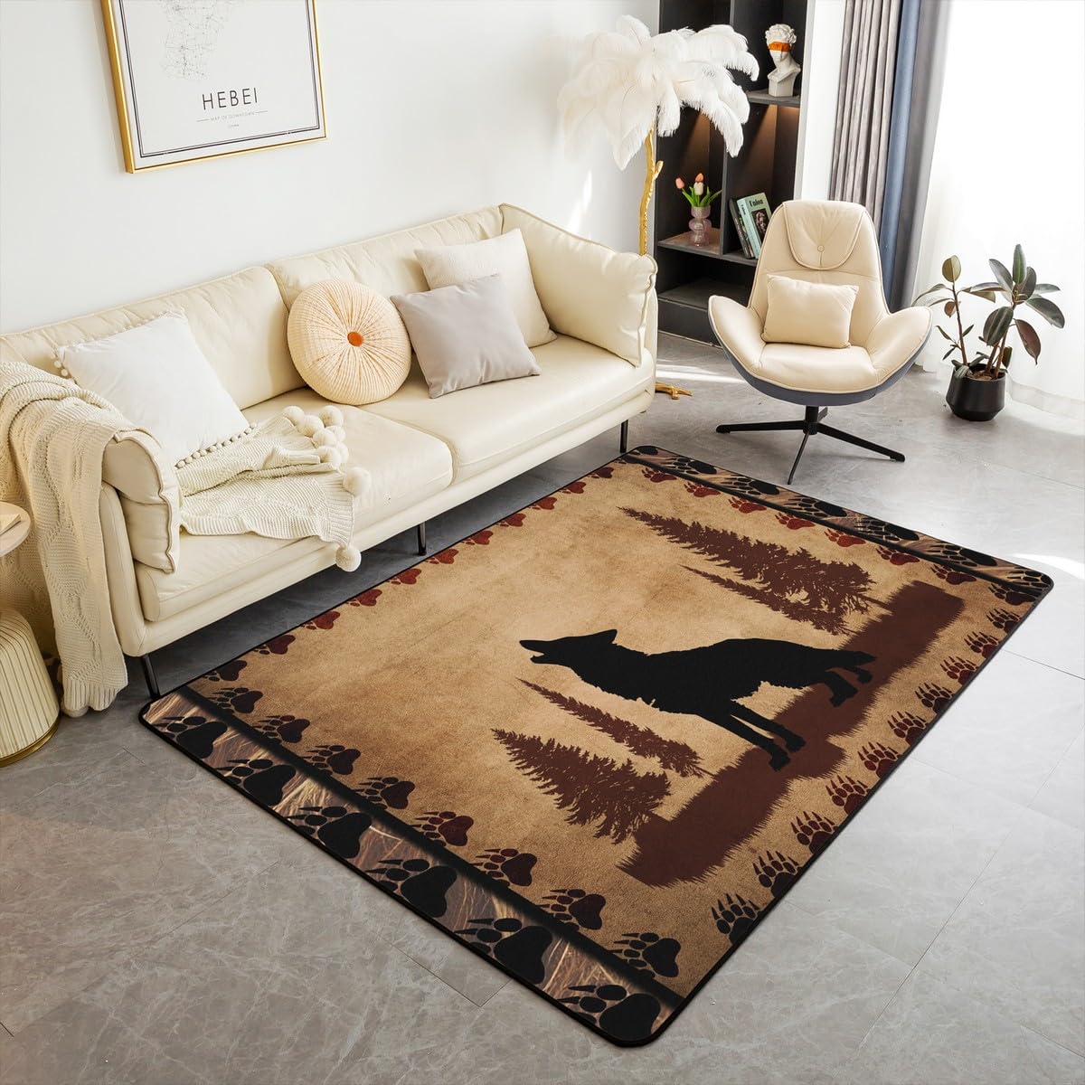 Loussiesd Cute Wolf Area Rug Girls Boys Wolves Howling Decorative Carpet Room Animal Wolves Tree Pattern Rugs for Living Room Bedroom Exotic Style Brown Black Accent Rug 100 * 150cm