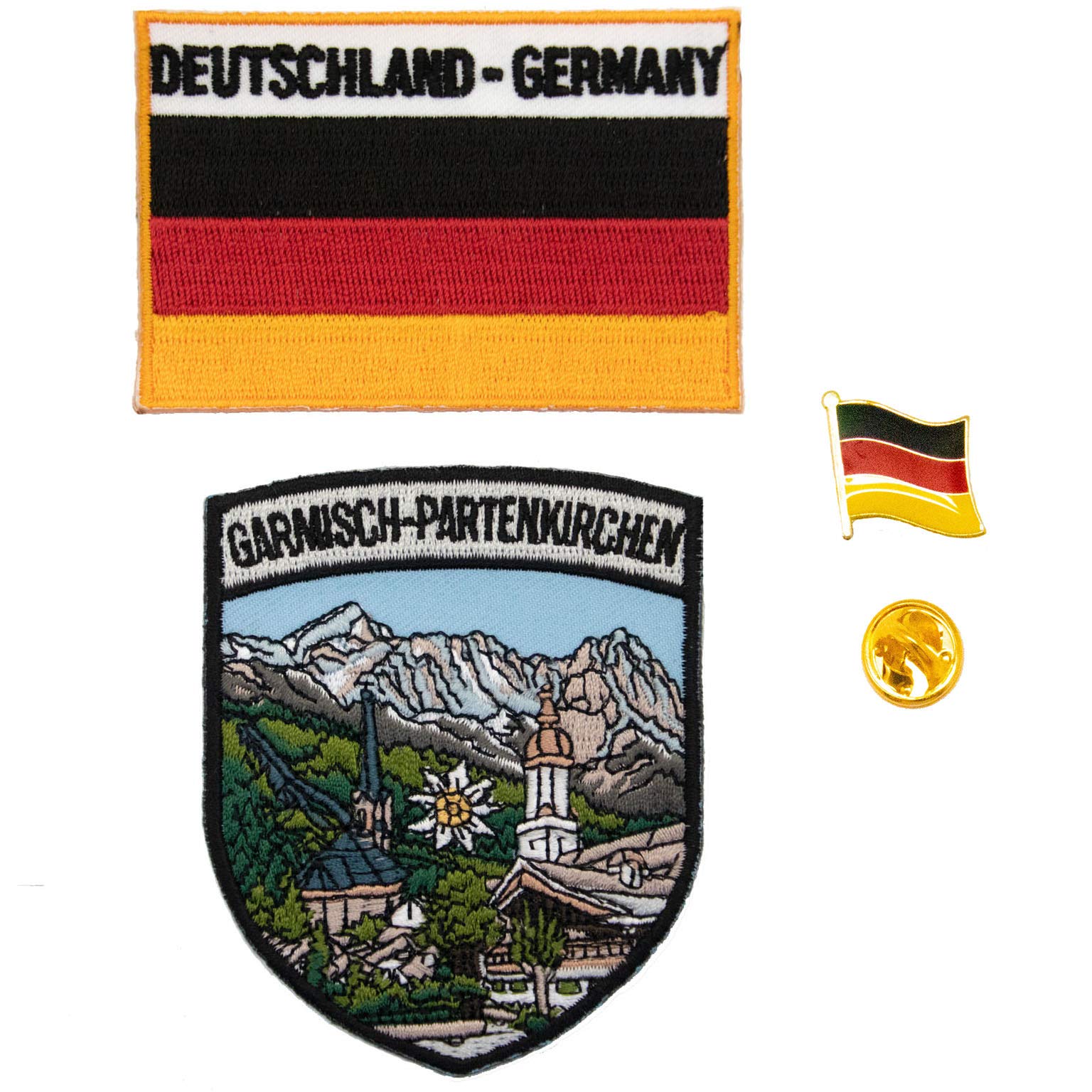 A-ONE 3 PCS Pack- Garmisch-Partenkirchen Shield Patch + Germany Flag Patch + Germany Flag Badge, Bavaria Landmark Patches and Deutschland Ranger Pin
