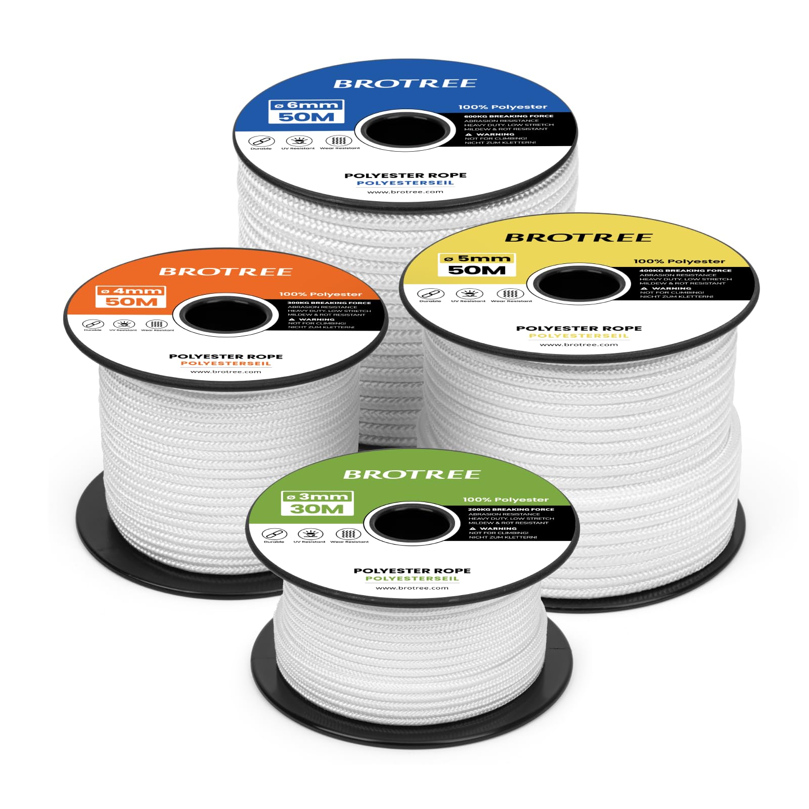 Brotree Braided Polyester Rope 3mm x 30m White - Low Stretch Braided Polyester Cord for Marine, Boat, Mooring, Flagpole Halyard - 200KG Breaking Load