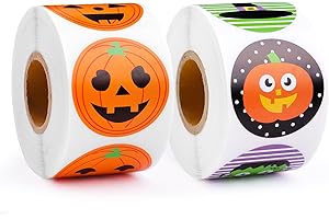 FUSHENMU Halloween Stickers for Kids, 1000 Pcs Byhoo Halloween Pumpkin Bat Spider Stickers Roll, 16 Vibrant Colors and Designs, Round Seal Label Stickers, Envelope Seals Paster for Halloween Party Decorations