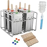 LuckyHigh 6 Sets Stainless Steel Popsicle Molds Rack and Accessories, Rust-Resistant Popsicle Maker, 6pcs Leak-Proof Silicone