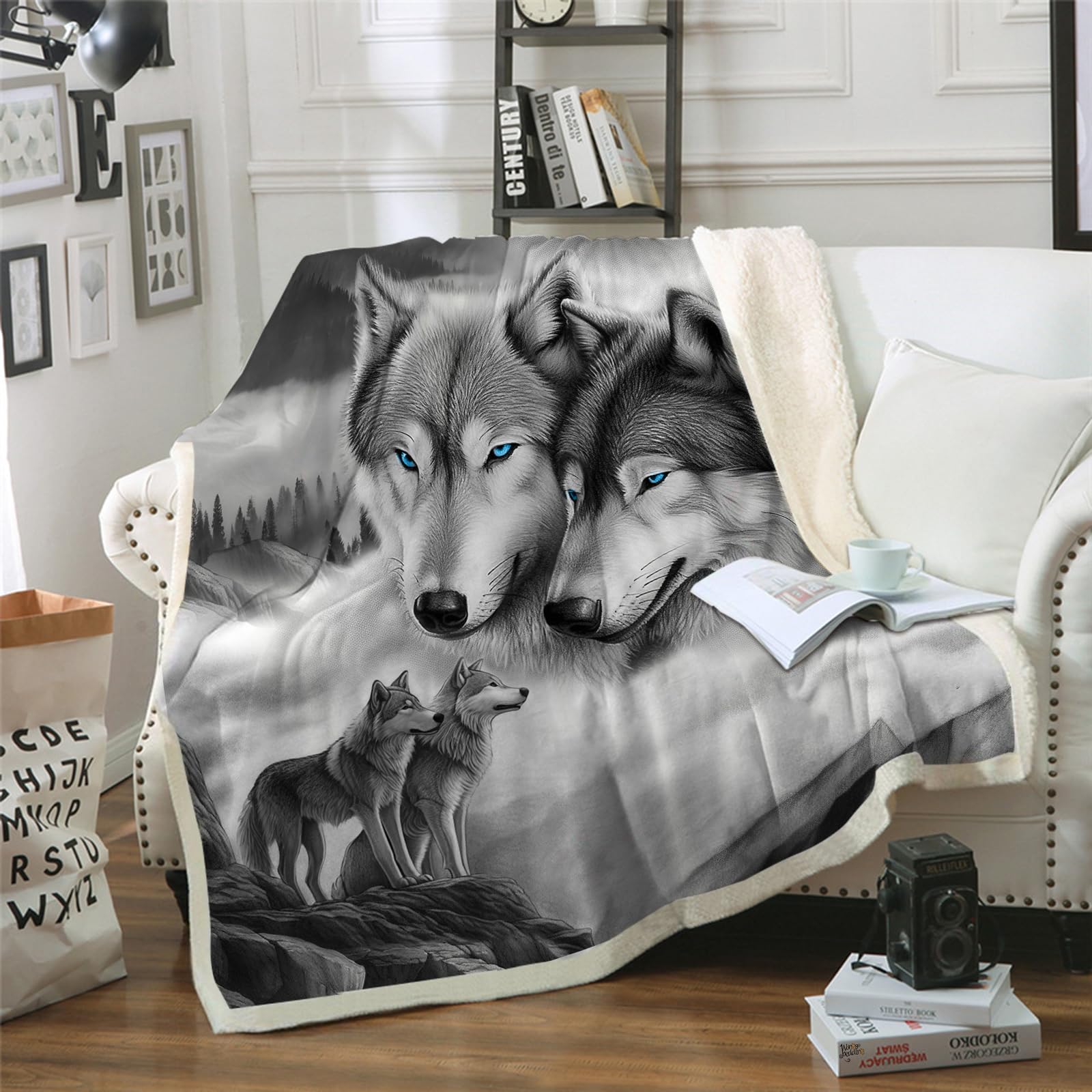 Fondream Wolf Blanket Winter Wolf Bed Blanket Fluffy Fleece Bed Throws Grey Theme Blanket for Sofa Couch(130x150cm)