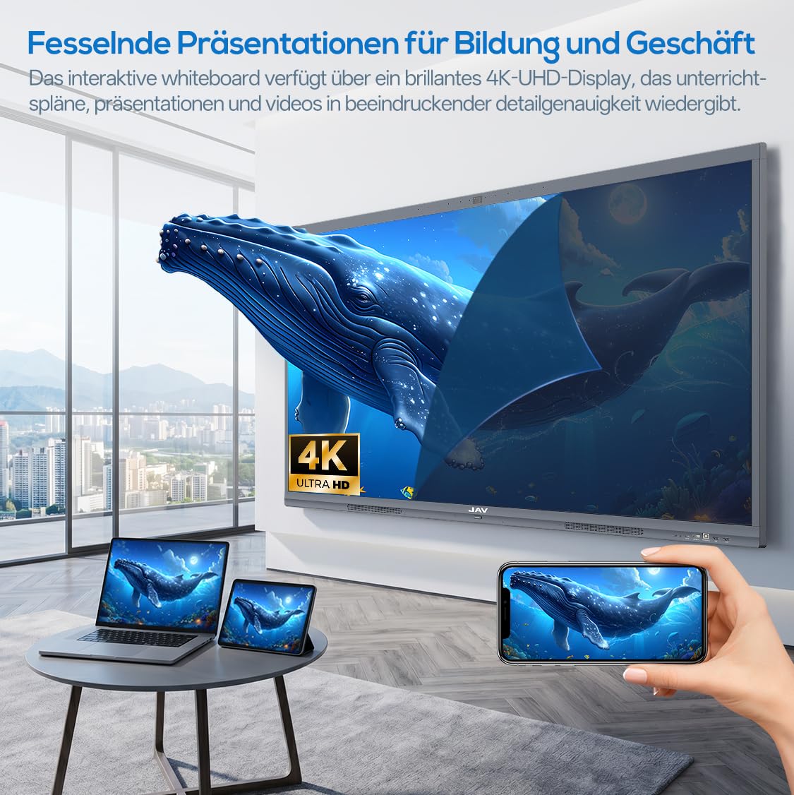 JAV Smart Board 55 Zoll Interaktives Whiteboard 4K UHD Touchscreen Android 14 mit Google EDLA Zertifiziert Digitale Elektronische Whiteboard 8+128GB Eingebaute 48MP Kamera für Büro Schule 5