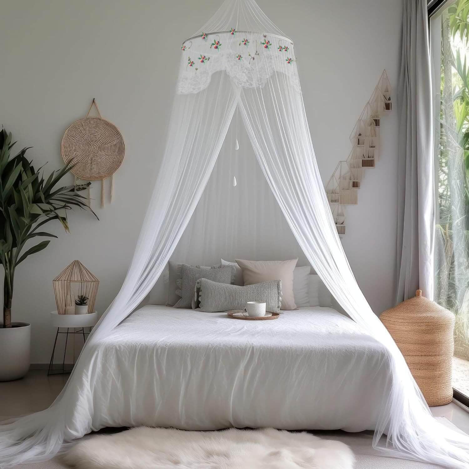 Wnqou Mosquito Net for Bed, Large Dome Canopy Mosquito Net for Single/Double Bed, Girls Room Drcor,Easy Installation for Travel and Home (Lace White)