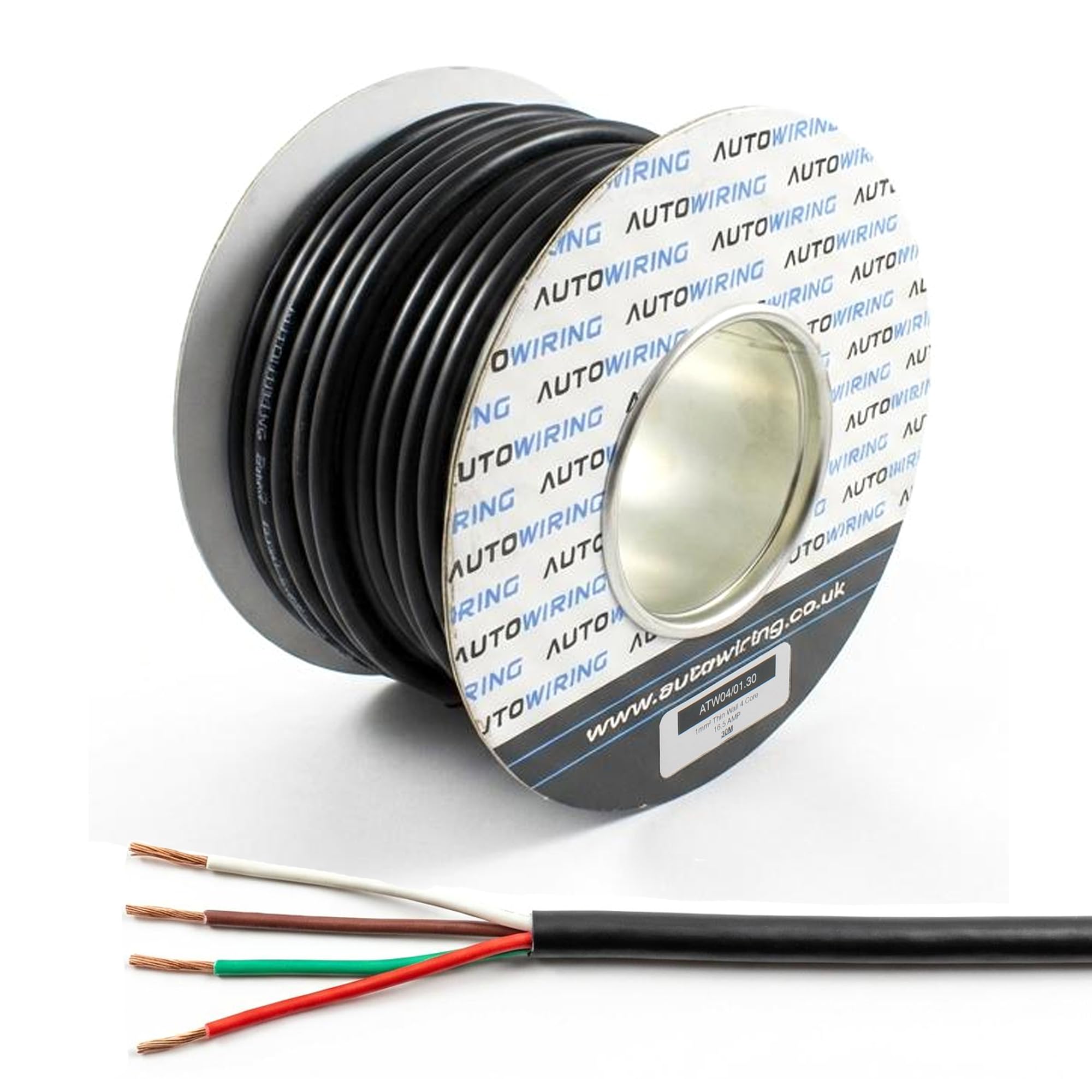 Automotive 4 Core Cable 12v 24v Thin Wall Multistrand Wire RED BROWN WHITE GREEN (1mm² 16.5Amps, 30 Meter on Roll)