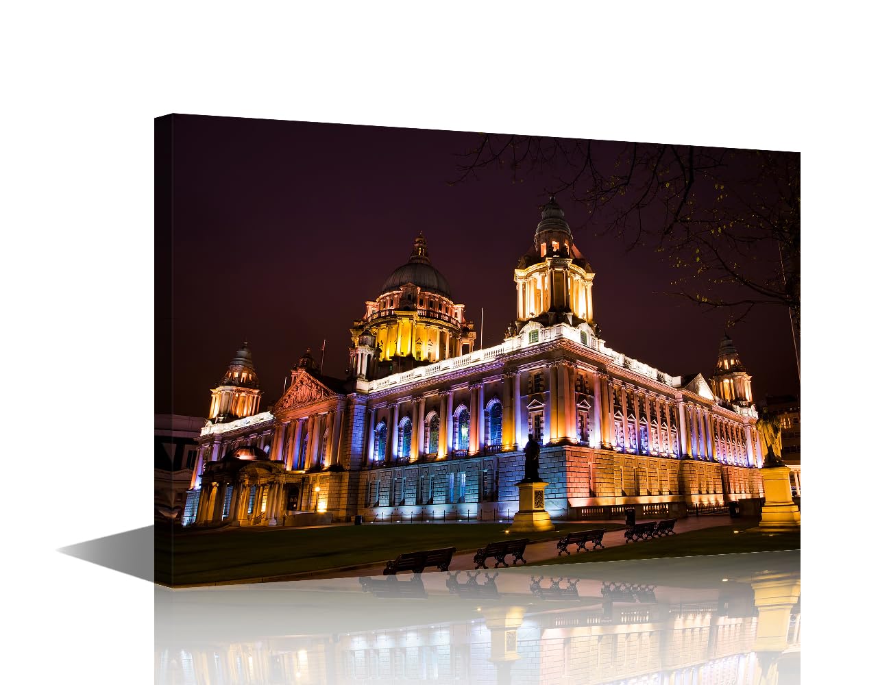TISHIRON 1 Piece Belfast North Ireland Skyline Canvas Wall Art Night City Center Cityscape Paintings Modern City Picture for Bedroom Home Decoration for Living Room Framed Ready to Hang 16x24 in