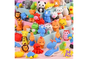 Kaemi 34Pcs Animal Erasers - Kids Desk Pets Bulk 5D Puzzle Erasers Take Apart Toys for Party Favors & Treasure Box Games