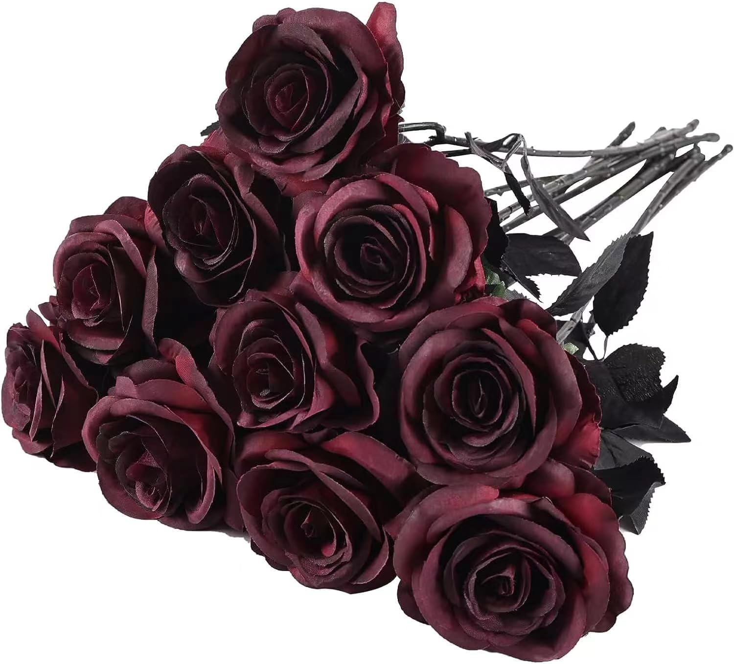 Macrak 10 Pcs Artificial Silk Roses Flowers Long Stem Fake Rose Flowers Bouquet for Home Wedding Party Centerpiece Decorations (Burgundy)