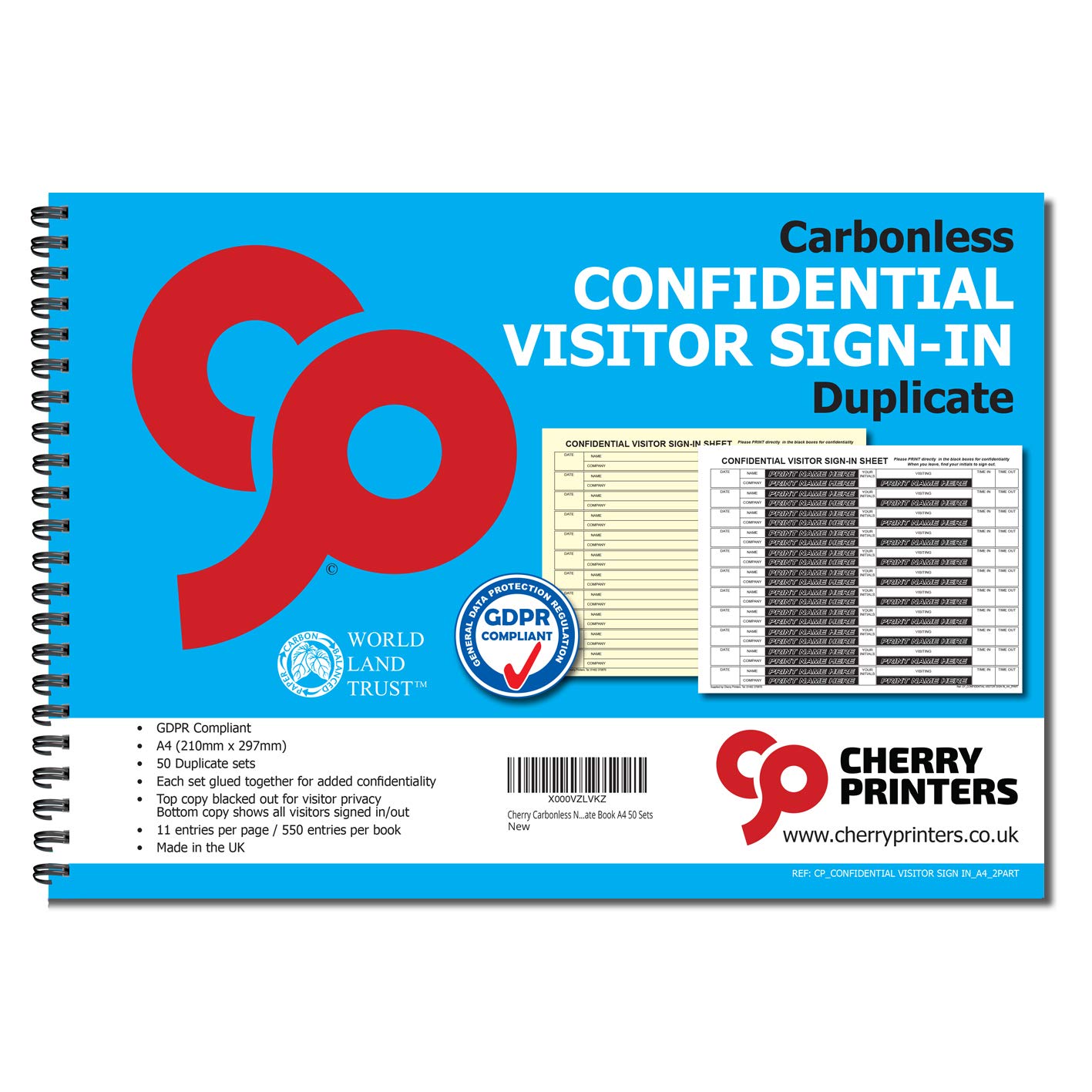 Cherry Carbonless NCR Confidential Visitor Sign in Duplicate Wiro Book A4 50 Sets