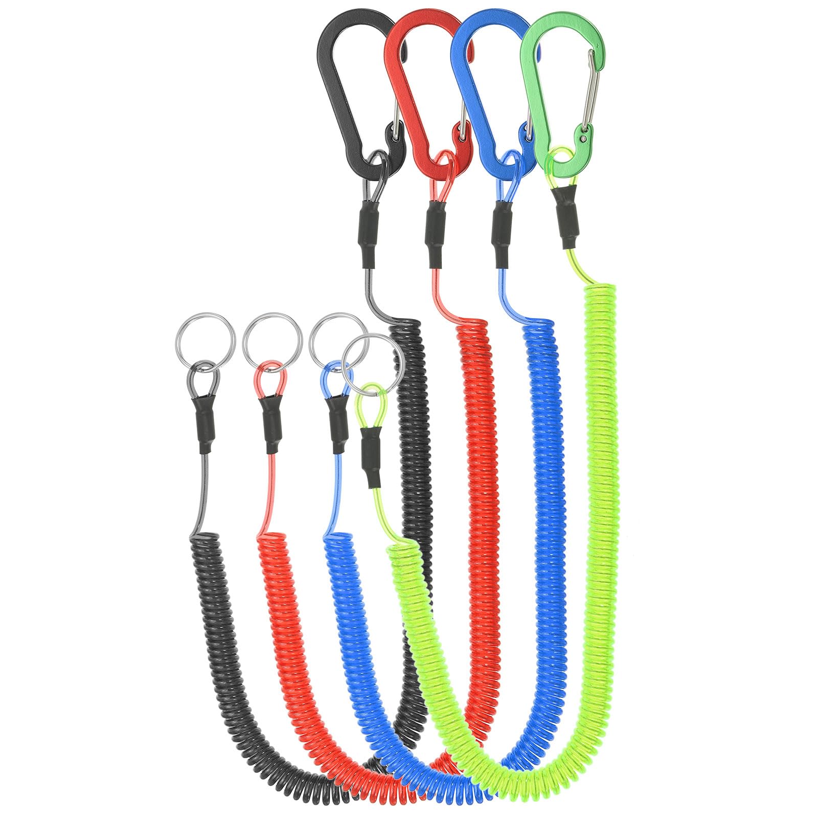 PATIKIL 4pcs Retractable Spring Coil Straps, 6" Spiral Stretchy Safety Lanyard Cord with Aluminium Clip and Key Ring for Fishing Kayak Climbing Boating Pliers, Red,Blue,Green,Black