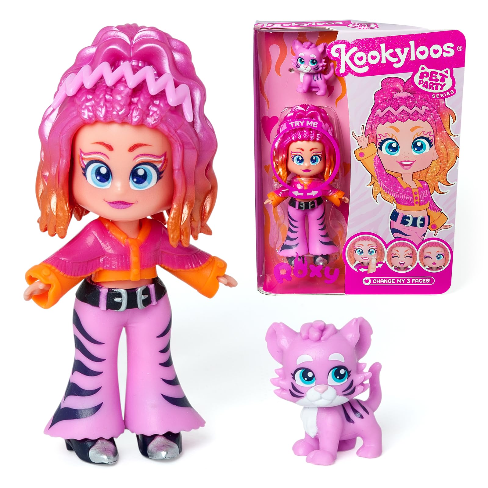 KOOKYLOOS Pet Party ROXY - Doll With Tiger Pet, Fashionable Outfit, Shoes, and Accessory - 3 Different Faces