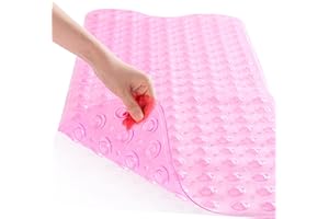 ROSMARUS Shower Mat Extra Long 16” x 39” Non-Slip Bath Mat for Tub with Suction Cups and Drain Holes Bathtub Mats for Kids, Baby, Bathroom Shower Floor Mat Anti Slip Bathtub Accessories, Pink