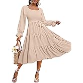 Simplee Womens Long Sleeve Maxi Dress Casual Square Neck Smocked Flowy Fall Wedding Guest Dresses