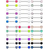 SCERRING 14G Stainless Steel Tongue Barbell Ring Nippleings Nipple Rings Shinny Acrylic Glow in Dark Opal Gilitter Balls Body Piercing Jewelry Retainer 14mm 16mm 36PCS