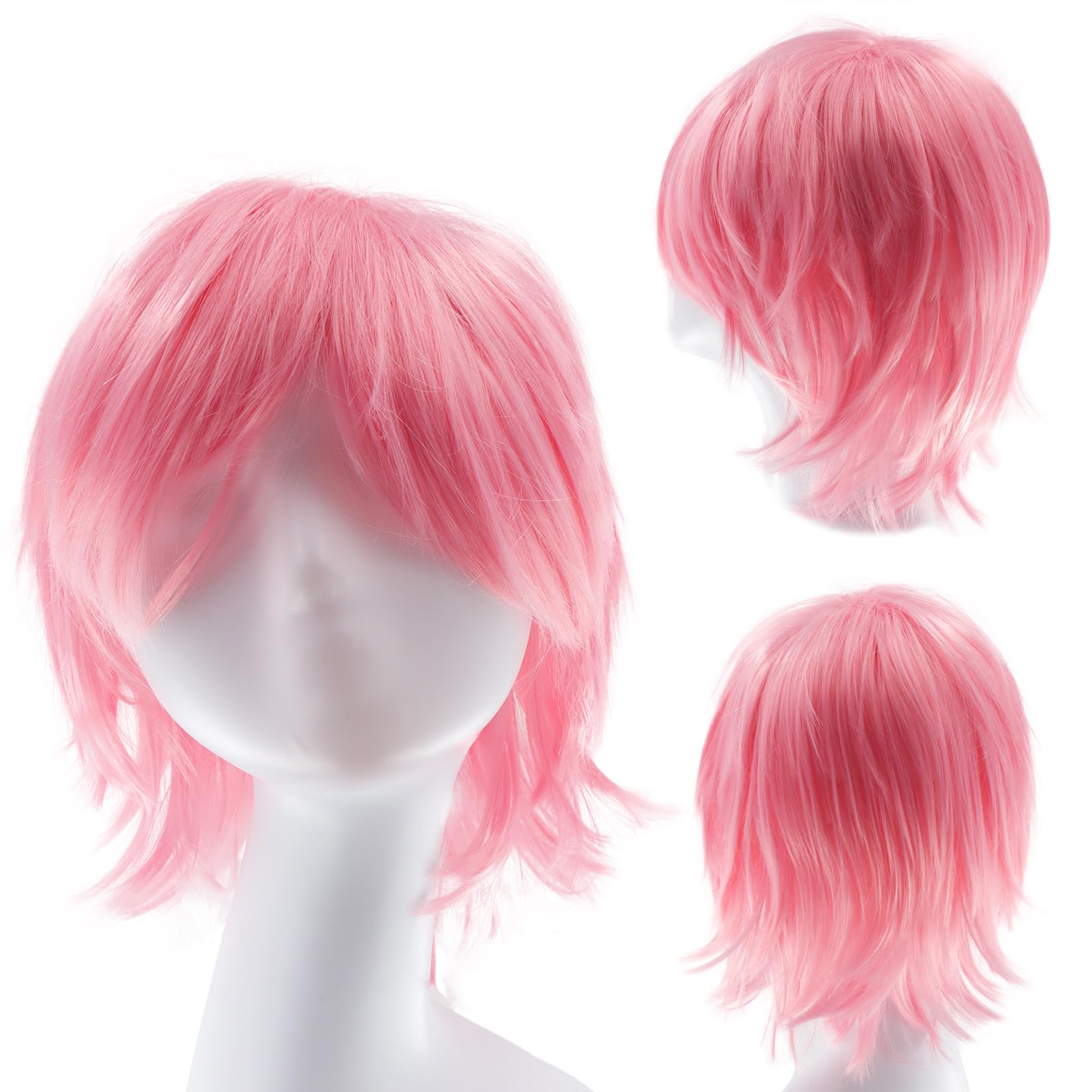 Dcbaboo Pink Short Curly Wig 12" Natural Fluffy Layered Straight Hair for Men/Women - Anime Cosplay Unisex Halloween Fancy Dress Synthetic Full Wig With Cap