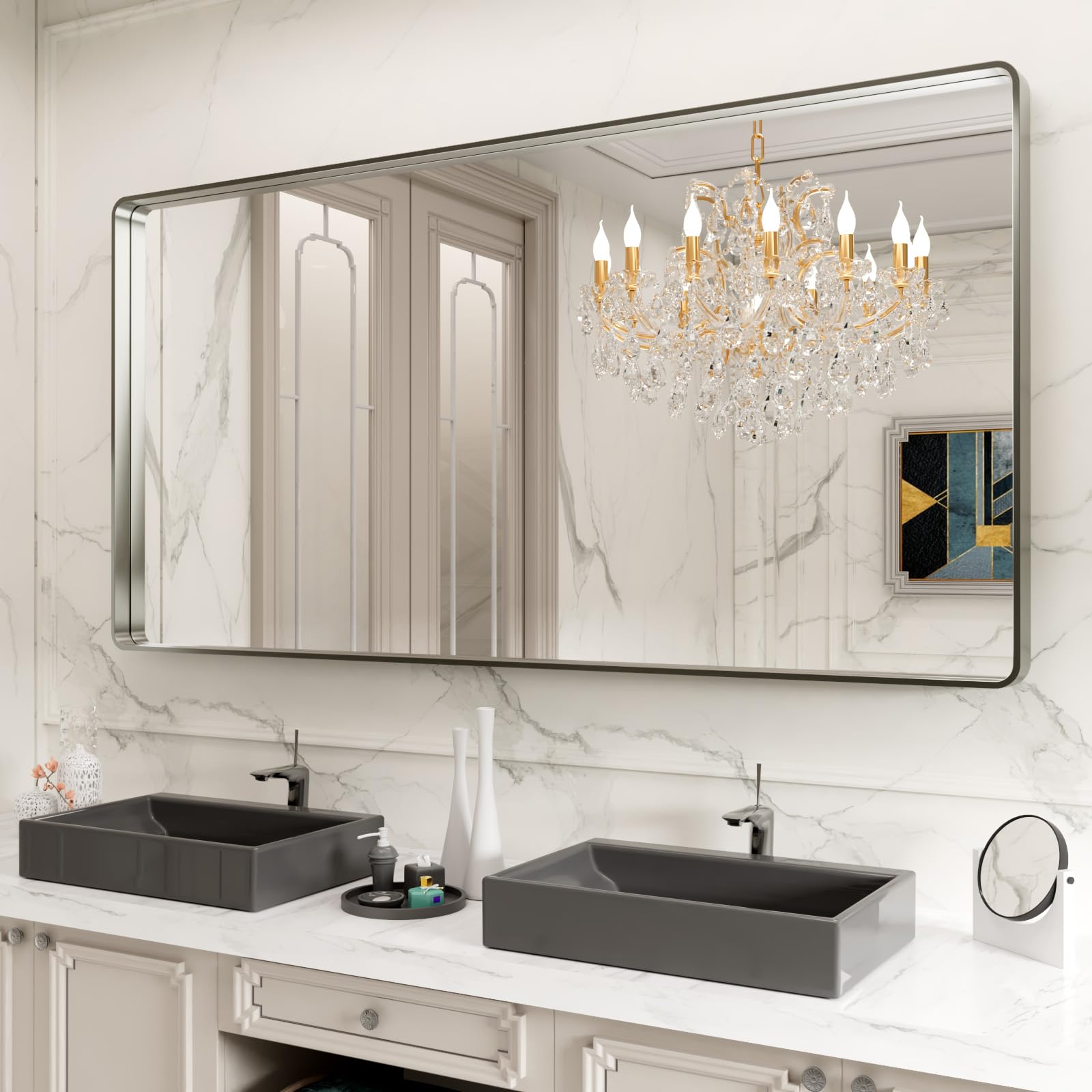 LOAAO 72X36 Inch Brushed Nickel Bathroom Mirror, Rounded Rectangle Silver Metal Frame Mirror, Brushed Nickel, Anti-Rust, Shatter Proof, Hangs Horizontally or Vertically Image