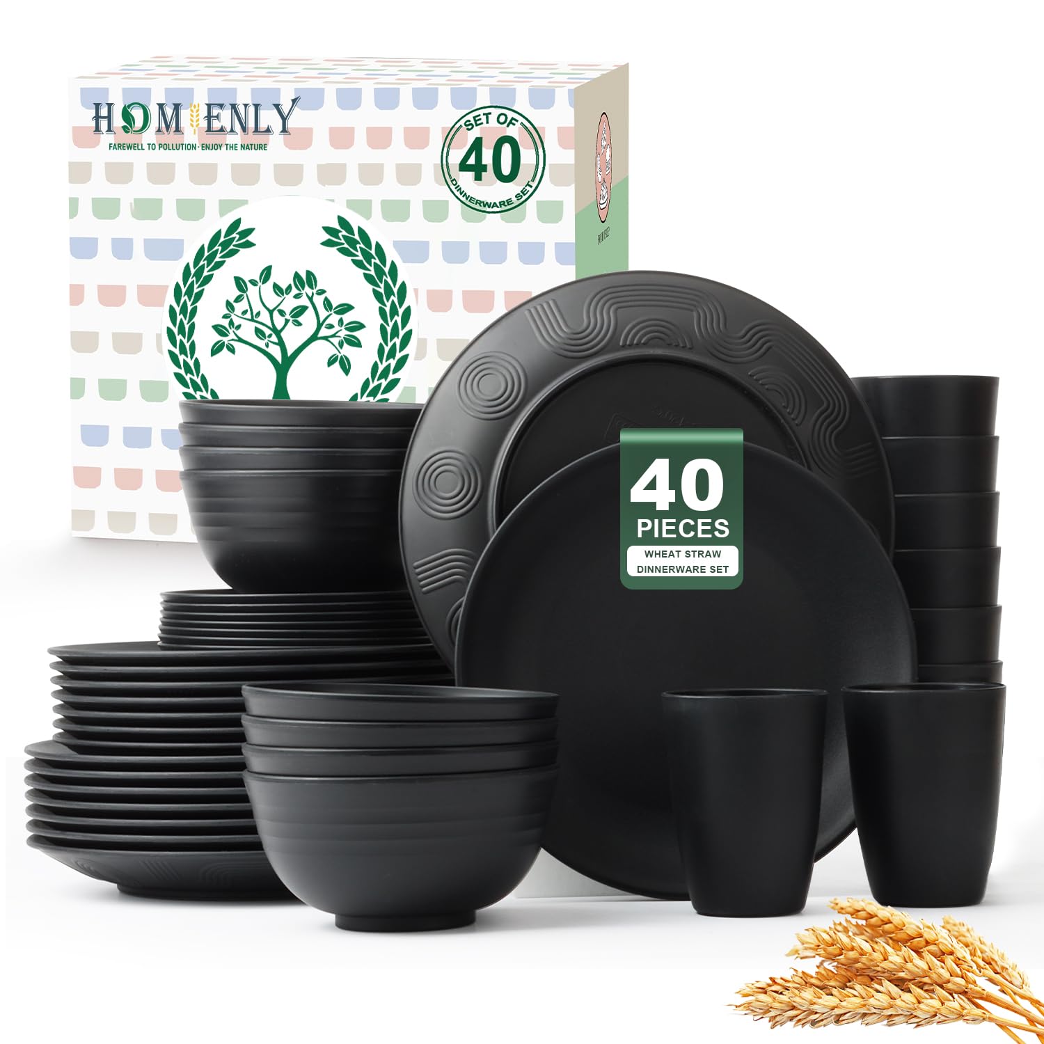 Homienly 40-Pieces Wheat Straw Dinnerware Set, Kitchen Plastic Wheat Straw Dinnerware Set - Service for 8, Unbreakable Lightweight Dish Set for Kitchen, Camping - Plates Set, Bowls, Cups Set(Black) Image