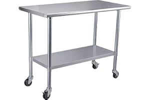 ROCKPOINT Stainless Steel Table for Prep & Work with Caster 48x24 Inches, NSF Metal Commercial Kitchen Table with Adjustable Under Shelf and Table Foot for Restaurant, Home and Hotel
