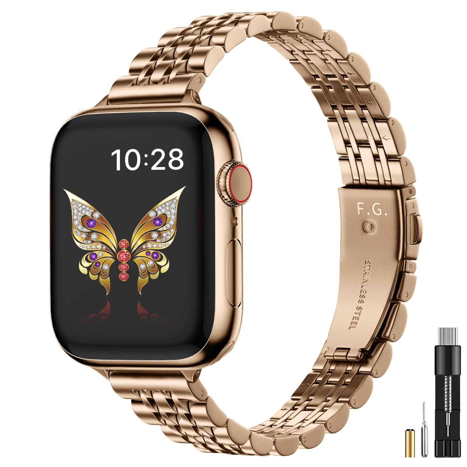 Fullmosa Slim Metal Straps Compatible with Apple Watch Straps 46mm 45mm 44mm 42mm 49mm for Women, Stainless Steel Thin iWatch Bands for Ultra SE 3 2 1/Series 11 10 9 8 7 6 5 4 3 2 1, Rose Gold — image 1