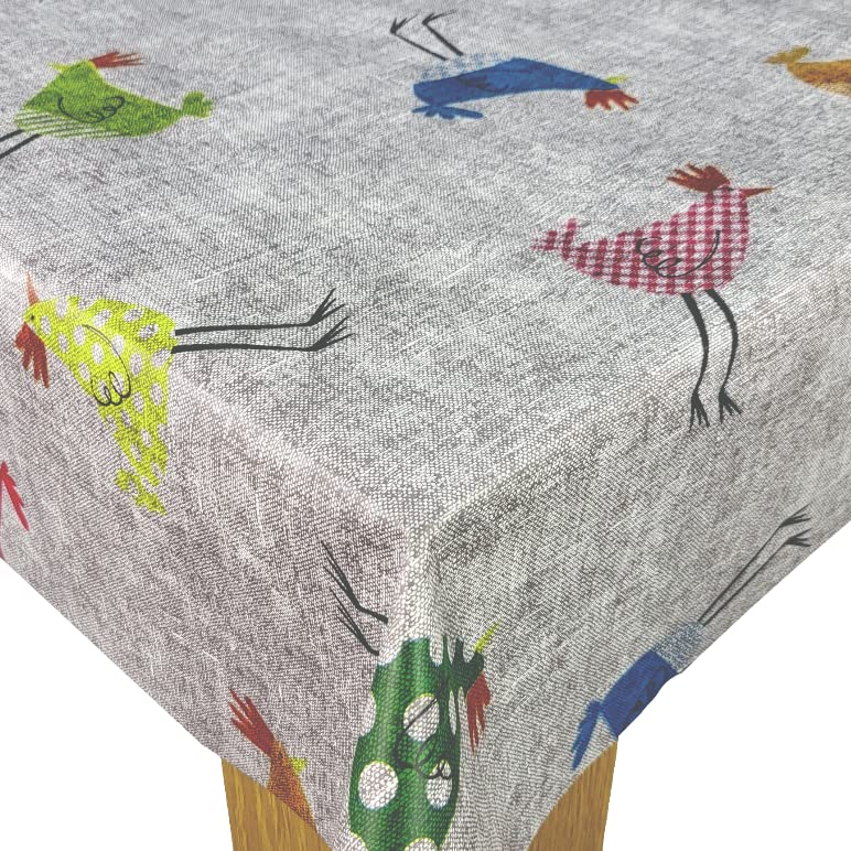 Karina Home Chickens Grey Birds Linen Look Wipe Clean Tablecloth Vinyl PVC Table Cover Wipeable Table Cloth (Grey, 140cm x 140cm)