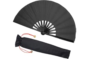 Zolee Large Rave Folding Hand Fan with Bamboo Ribs for Men/Women - Chinese Japanese Handheld Fan with Fabric Case - for Dance Music Festival Party, Performance, Decorations, Gift (Kung Fu Black)