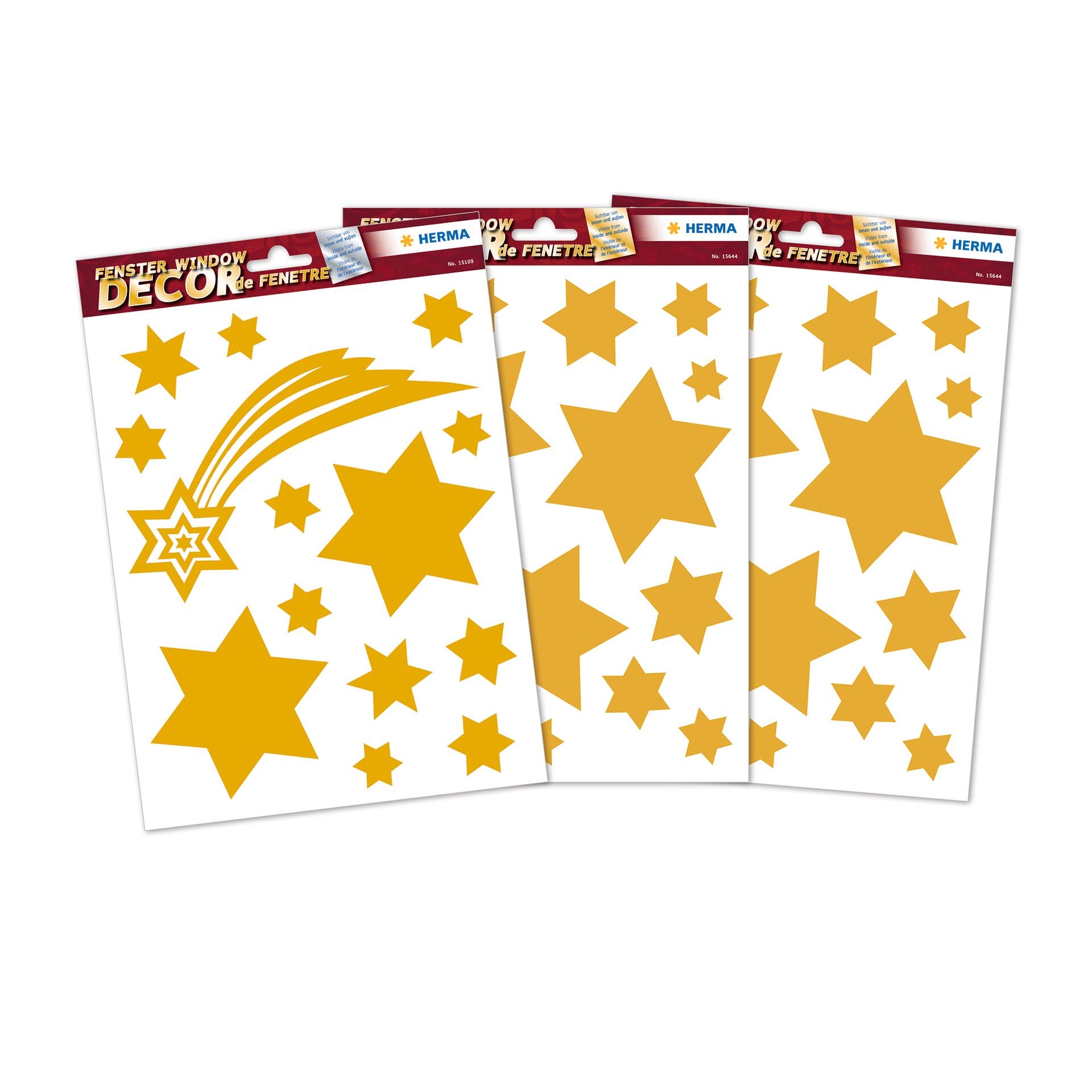 HERMA 44 Christmas Gold Star Stickers for Windows with Glitter Effect, Reusable Xmas Decorations, Large Wall Decals Window Clings for Kids and Children