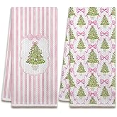 XUISWELL905 Pink Chinoiserie Nutcracker Christmas Tree Bow Plaid Coquette Kitchen Dish Tea Hand Towels Decor for Bathroom, 16x24 Inches Set of 2