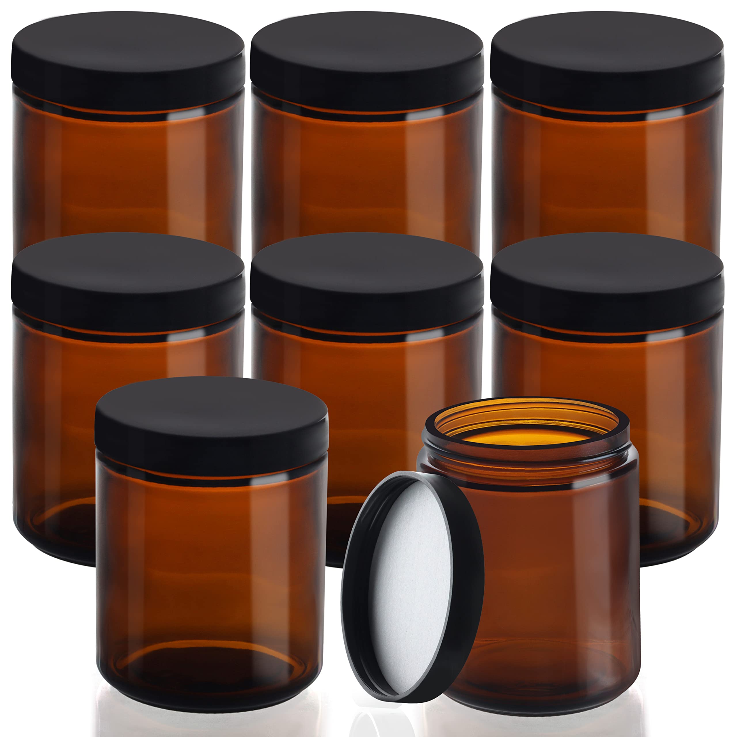 BELLE VOUS 8 Pack Round Amber Glass Jars - 240ml / 8 oz - Empty Refillable Containers with Black Screw-On Lids - Pot for Cosmetic Storage, Lotion, Face Cream, Essential Oils, Ointment, and Makeup