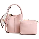 Women's small crossbody bag made of synthetic leather, mini bucket style shoulder bag with scarf, detachable shoulder strap