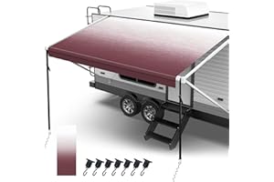 FONZIER RV Awning Fabric Replacement, 18.5oz Heavy Duty Vinyl, with Tie Down Kits & 7 Hooks & Pull Strap for Trailer Camper- 15'(Fabric 14'2"), Burgundy Fade