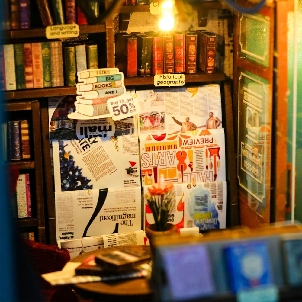 DIY Book Nook Kit, DIY Dollhouse Booknook, 3D Wooden Puzzle Bookends, Book Nook Miniature Kits with LED Light for Adults(M2314)